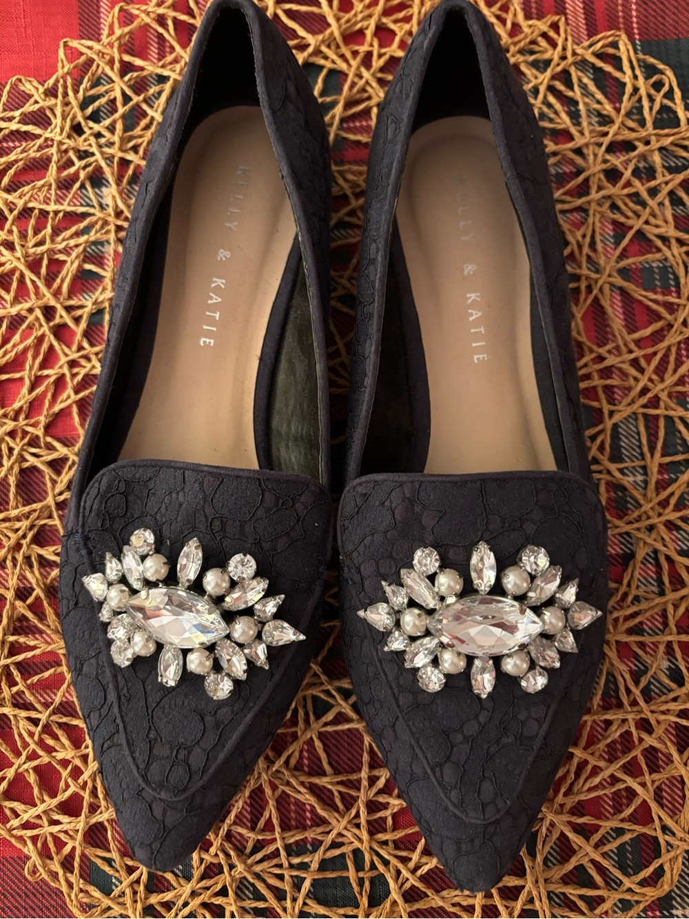 Kelly & Katie Black Pointed Toe Flats with Crystal & Pearl Brooch